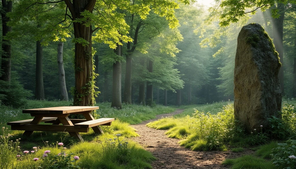 découvrez l'aire du menhir, un lieu idéal pour une randonnée paisible et un pique-nique convivial en pleine forêt d’olonne, entre nature et détente.
