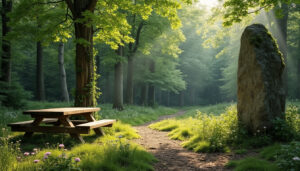 découvrez l'aire du menhir, un lieu idéal pour une randonnée paisible et un pique-nique convivial en pleine forêt d’olonne, entre nature et détente.
